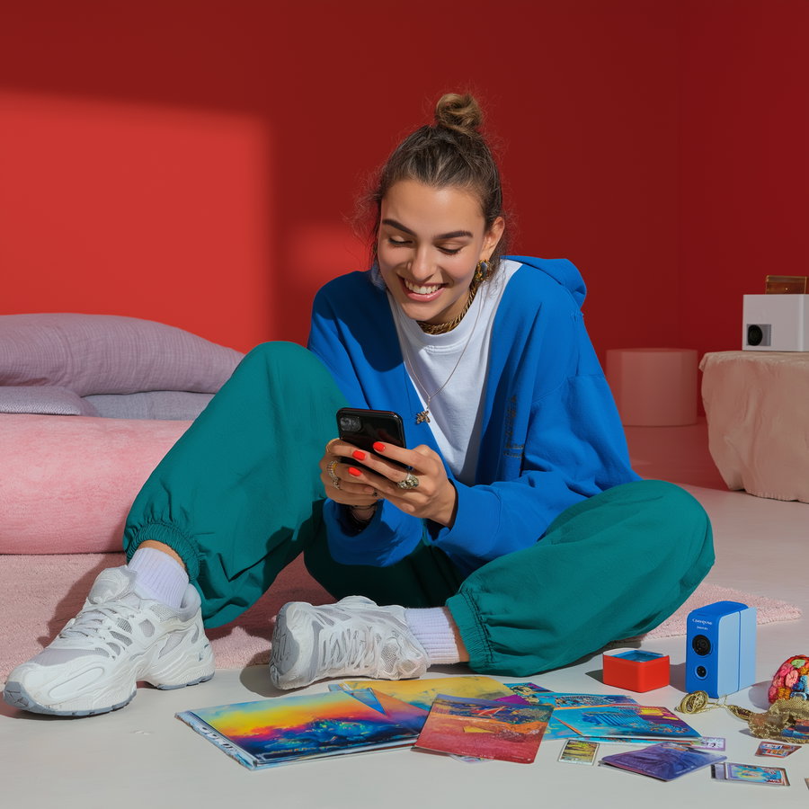 A young woman with a casual outfit sitting cross-legged on a pale floor against a red wall, smiling and looking at her phone, surrounded by colorful art prints, cards, and small decorative items.