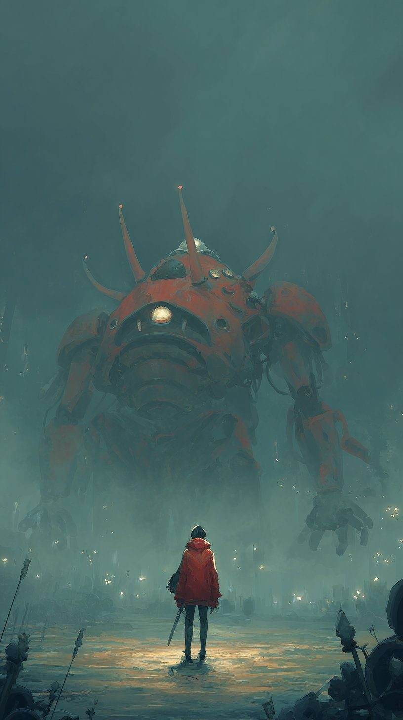 A lone person in a red cloak holding a sword stands on a foggy battlefield facing a large red robot with multiple horns and glowing lights