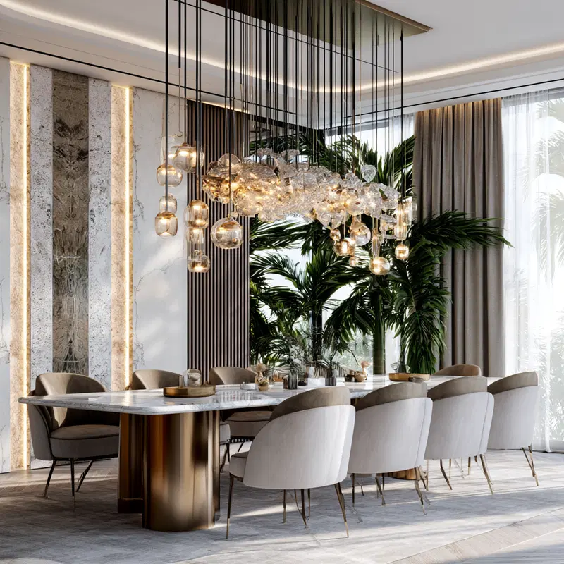 Elegant Luxury Dining Room with Sculptural Chandelier and Ambient Lighting
