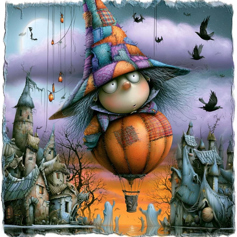 A young witch in a patchwork hot-air balloon shaped like a pumpkin, drifting over crooked rooftops and moonlit trees. Tiny bats and lantern strings hang in the air, with black crows flying and ghostly figures waving from below, set against a misty lavender sky.