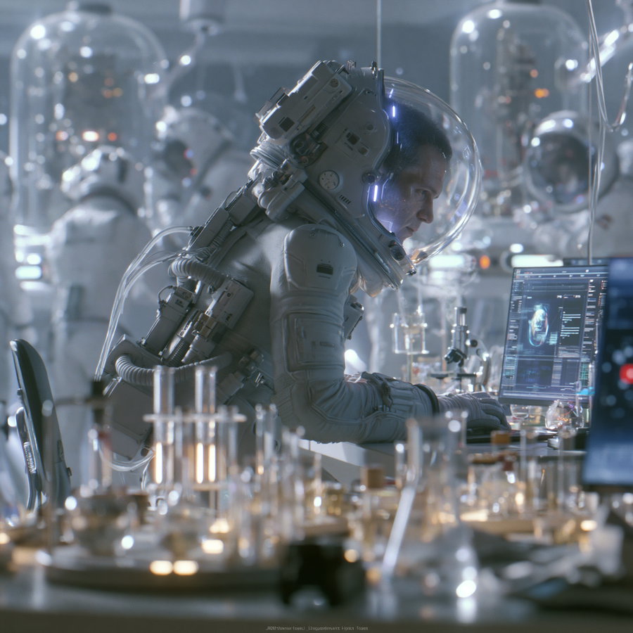 An astronaut in a high-tech lab, surrounded by glass containers and advanced computer screens, with a futuristic atmosphere.