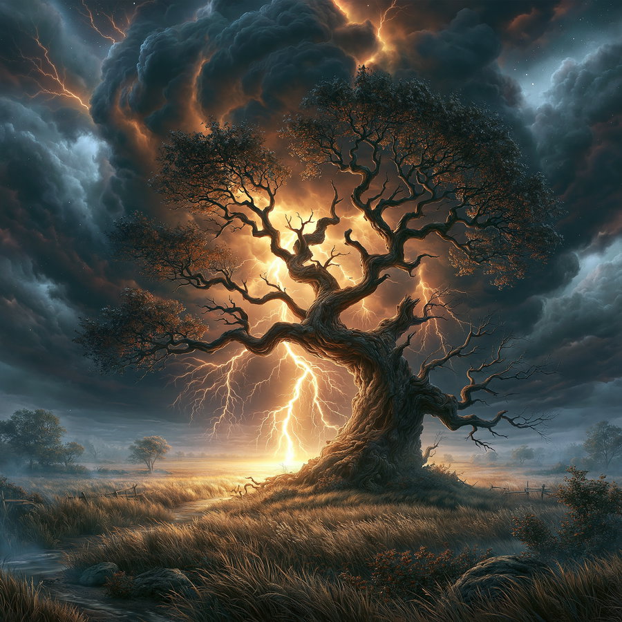 A night scene depicting a large, ominous tree with twisted branches, surrounded by a stormy sky filled with dark clouds and vivid lightning striking down.