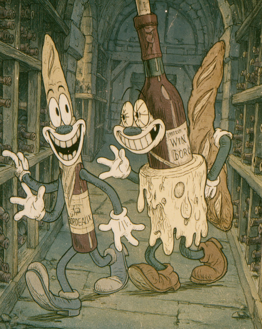 A vintage 1930s cartoon scene inside a wine cellar featuring an anthropomorphic bottle of Bordeaux wine, a melting wheel of Camembert cheese, and a crusty French baguette. The characters have expressive faces and rubber hose limbs, with the baguette looking out while the cheese tiptoes away. The background includes wine racks in a dimly lit cellar setting.