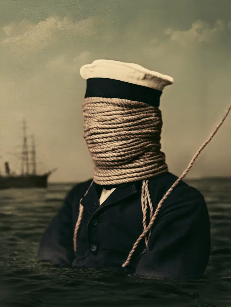 Mysterious Sailor Wrapped in Rope Against a Maritime Backdrop