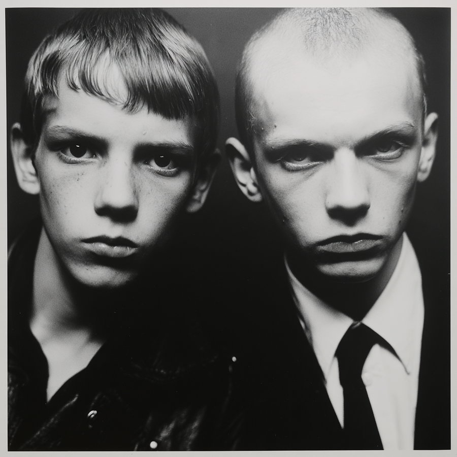 Two young men with short hair and serious expressions, dressed in dark clothing. The image is high contrast and grainy, emphasizing their somber demeanor against a dark background.
