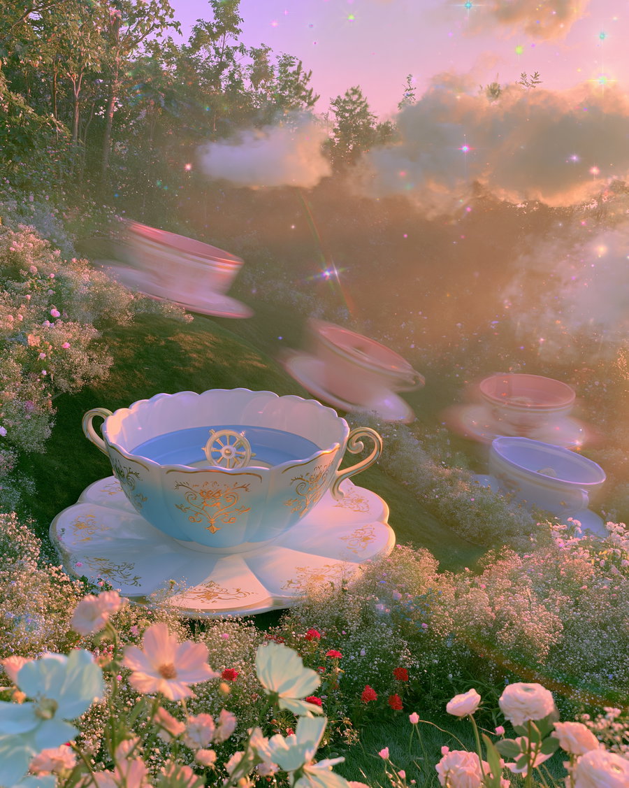 A magical spinning teacup attraction on a gently sloping hill, surrounded by wildflowers and an enchanted forest under a pastel sunset sky.