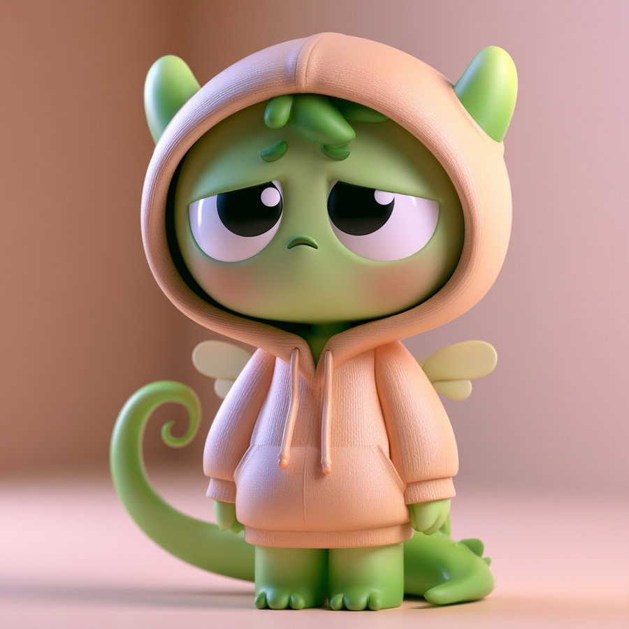 A cute little monster character with big droopy eyes and a shy expression, wearing an oversized baggy hoodie, with a lizard tail curling up and small delicate wings on the back, standing in a minimalist setting.