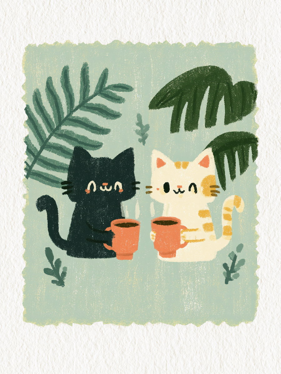 Two cats, one black and one orange, sitting side by side holding orange coffee cups, surrounded by tropical leaves on a light powder green background.