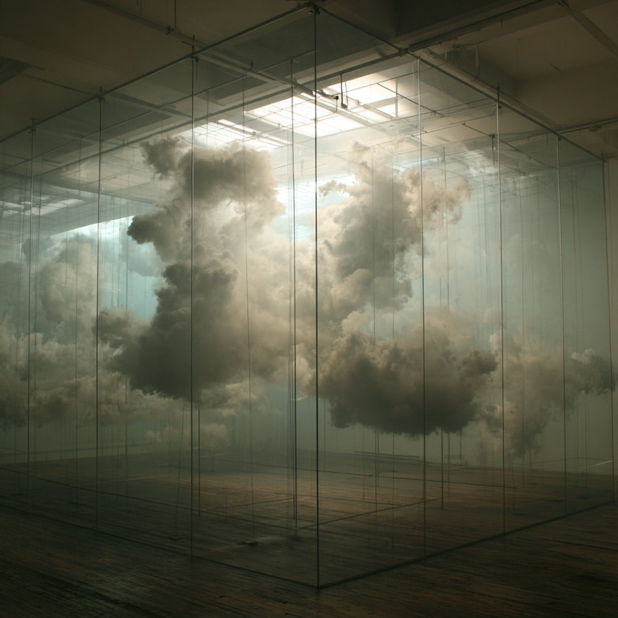 A display of fluffy, white clouds contained within transparent glass panels, separated by steel framework, illuminated by overhead light.