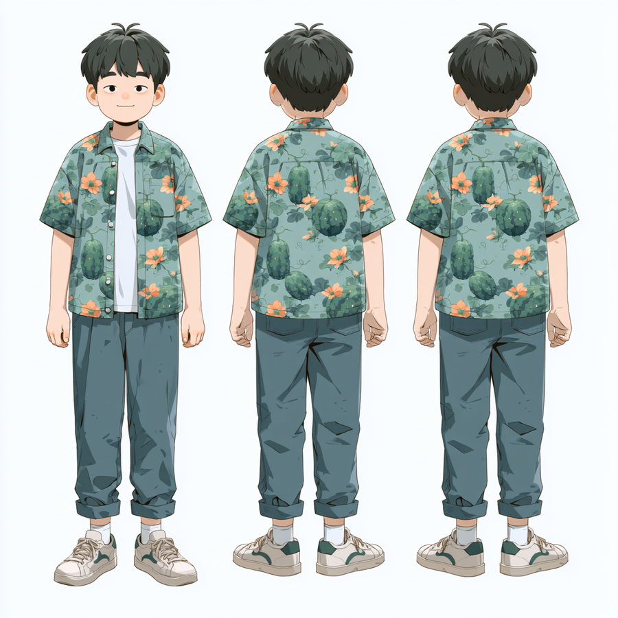 A cartoonish young male character with a floral shirt and casual pants, seen from the front and back, styled in a cute and friendly manner.