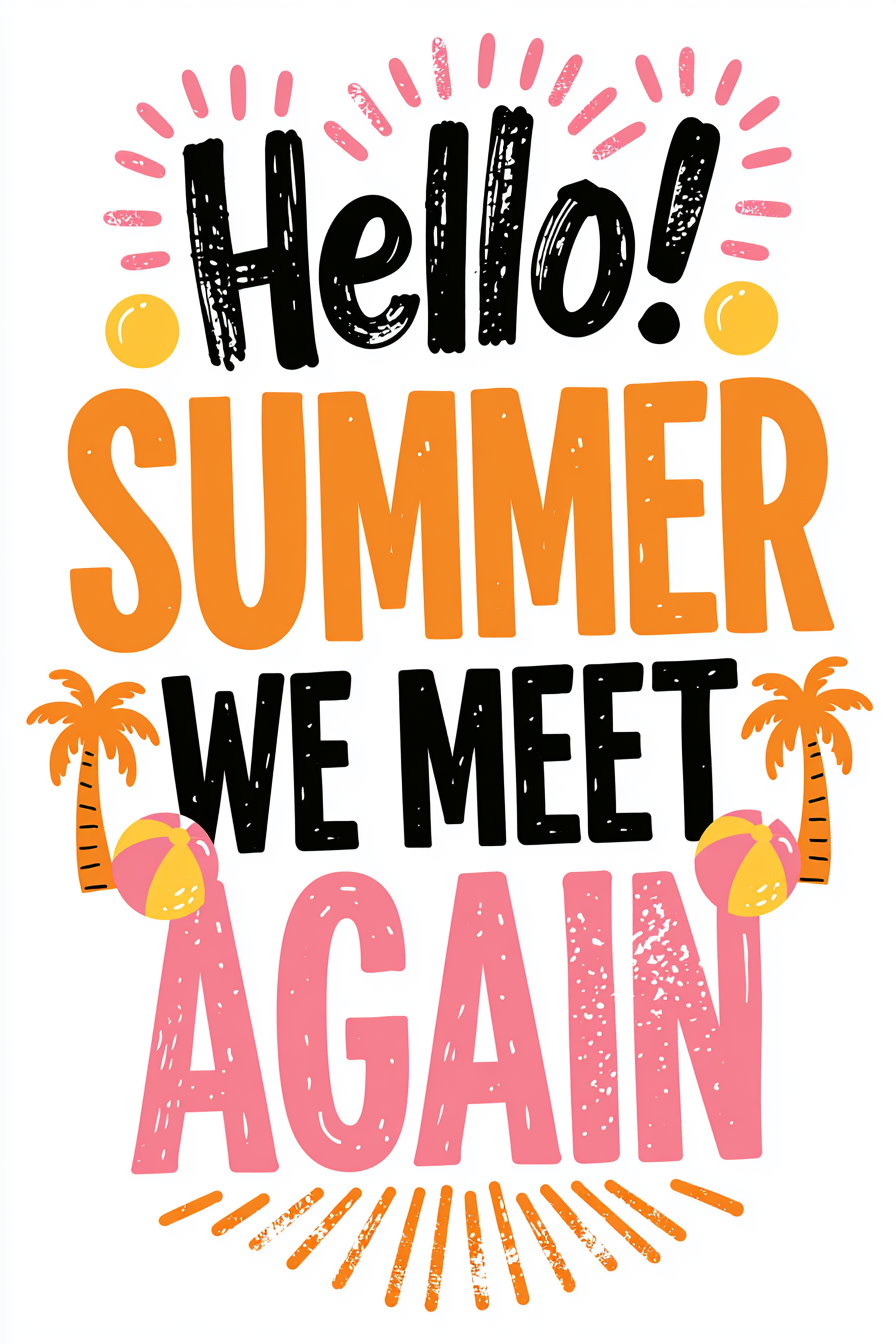 A bright graphic featuring playful typography with the words 'Hello!' in black, 'SUMMER' in large orange letters, 'WE MEET' in bold black, and 'AGAIN' in large pink letters, adorned with cartoon palm trees and beach balls against a clean white background.