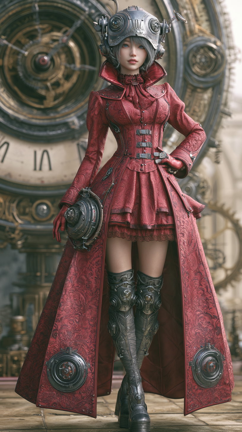 A young female robot in a striking red gothic coat stands in a futuristic city setting. She wears a robotic helmet with gears in the background. Her outfit is detailed with patterns and includes metal components, and she is in a standing pose, showcasing her unique style.