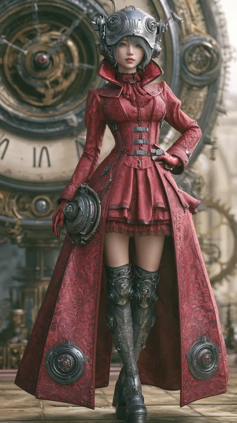 Futuristic Cyberpunk Girl in Red Gothic Attire and Tech Gear