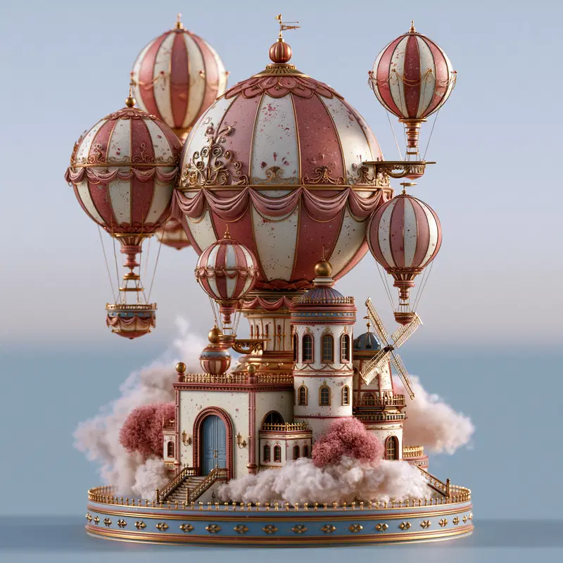 Whimsical 3D Hot Air Balloon Fantasy with Colorful Details