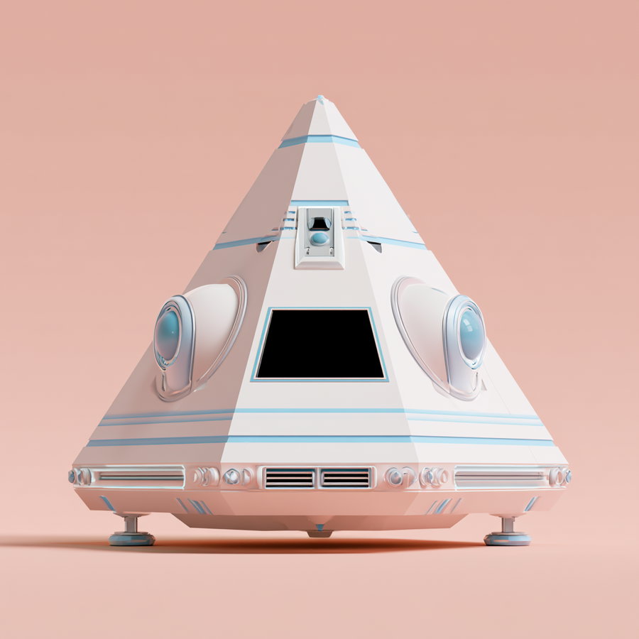 A cartoon style spaceship designed as a large, simple triangle, with a smooth white surface and light blue accents against a soft pink background.