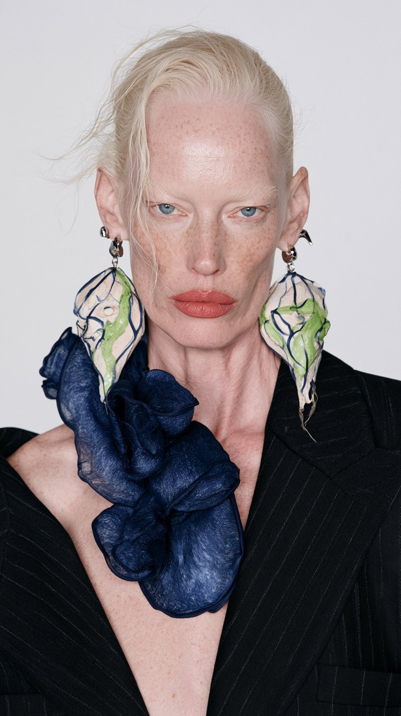 A headshot of a 40-year-old woman with blonde hair, wearing an elegant black outfit with unique design details and statement earrings.