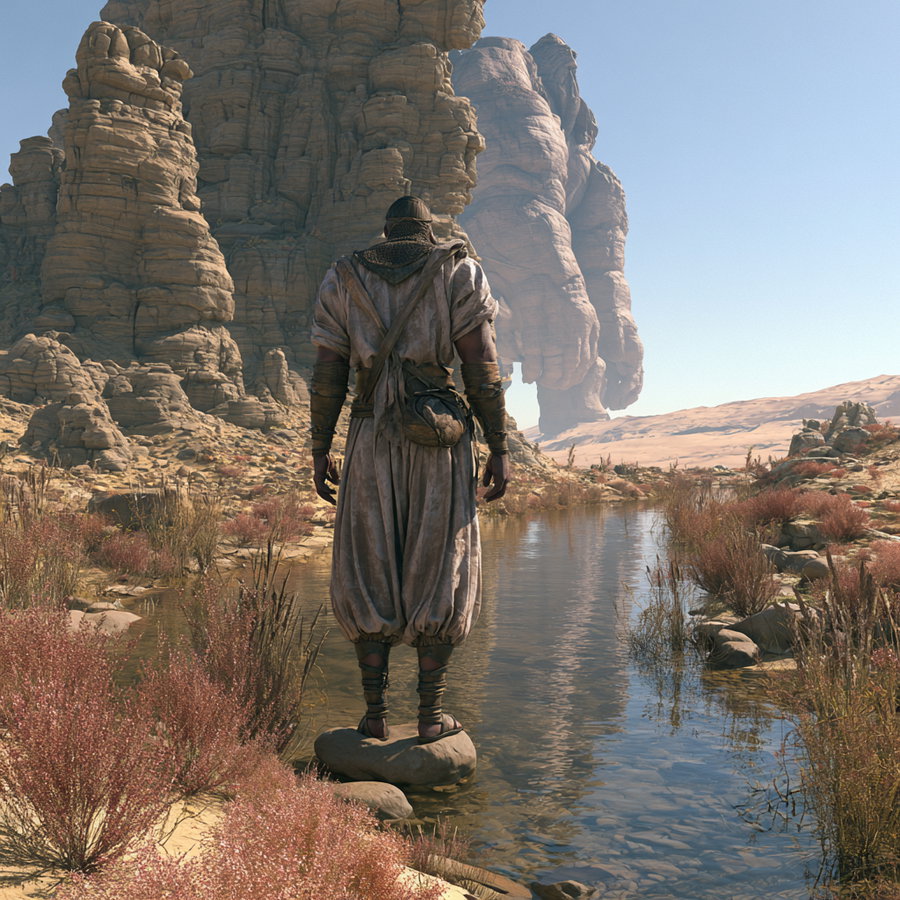 A tall human figure wearing ancient clothing stands on a rock in a desert landscape, next to a river flowing through the arid terrain, flanked by large rock formations.