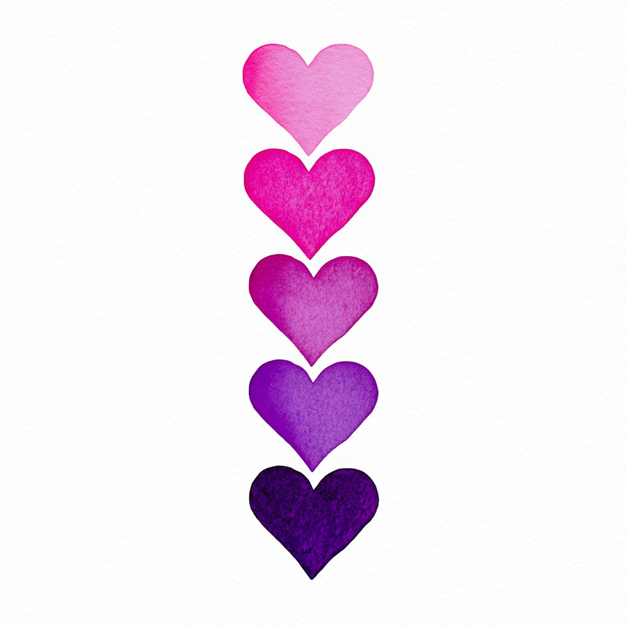 Five hearts arranged vertically, fading from very light pink at the top to very dark purple at the bottom, set on a white background.