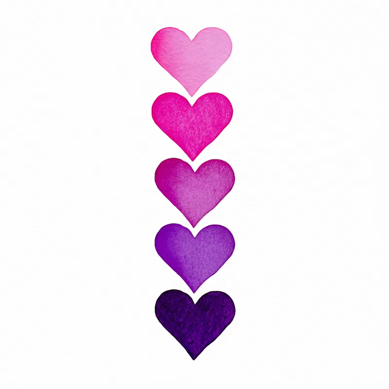 Gradient Hearts from Light Pink to Dark Purple on White Background