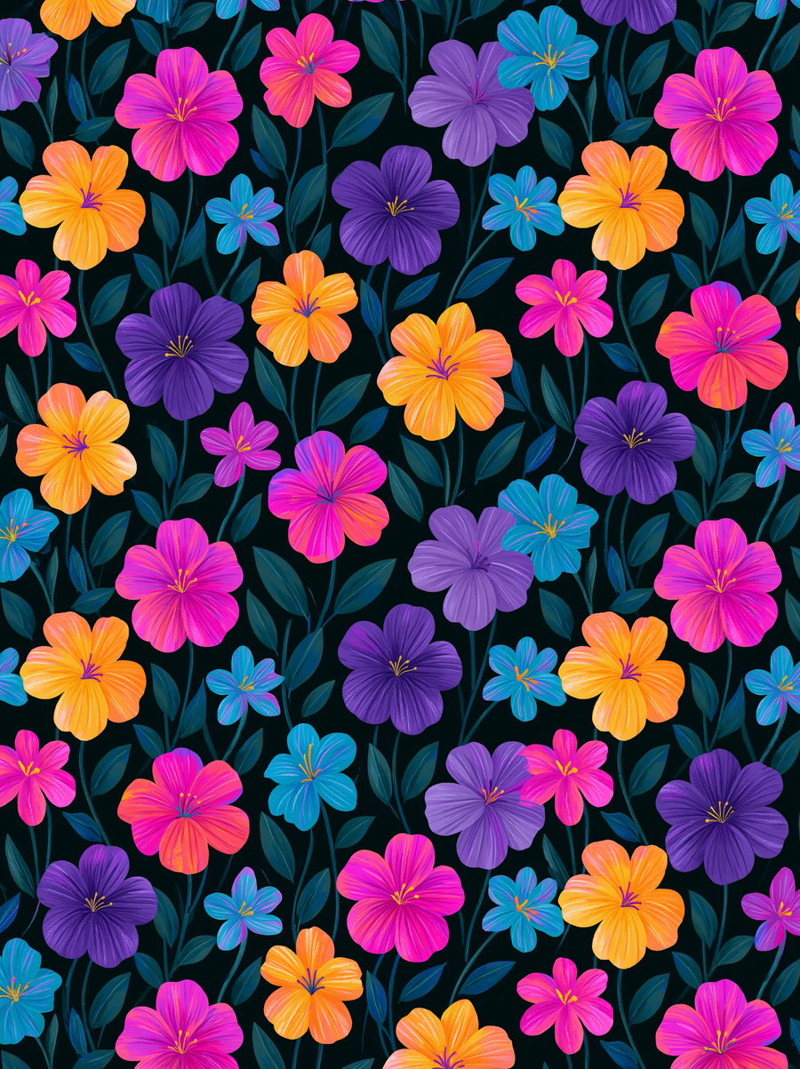 A seamless pattern of vibrant flowers in shades of pink, orange, purple, and blue, set against a dark background.