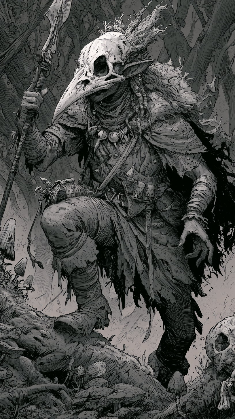 A dark fantasy fae warrior wearing a bird skull mask and carrying a spear, depicted in an action pose, surrounded by trees and mushrooms, illustrated in pen and ink.