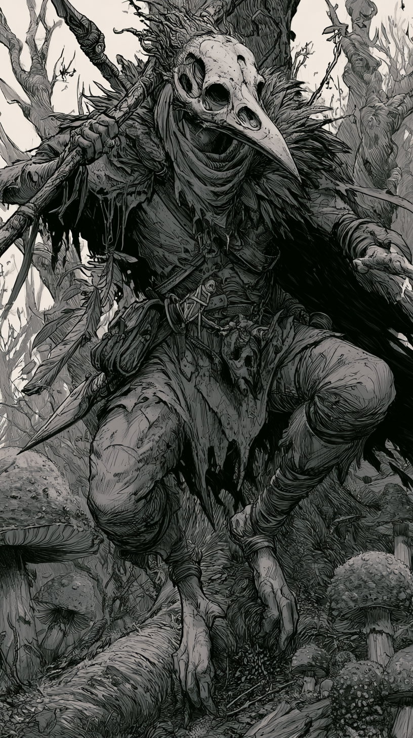 A dark fantasy fae warrior in a dramatic pose, wearing a bird skull mask and carrying a spear, surrounded by trees and mushrooms.