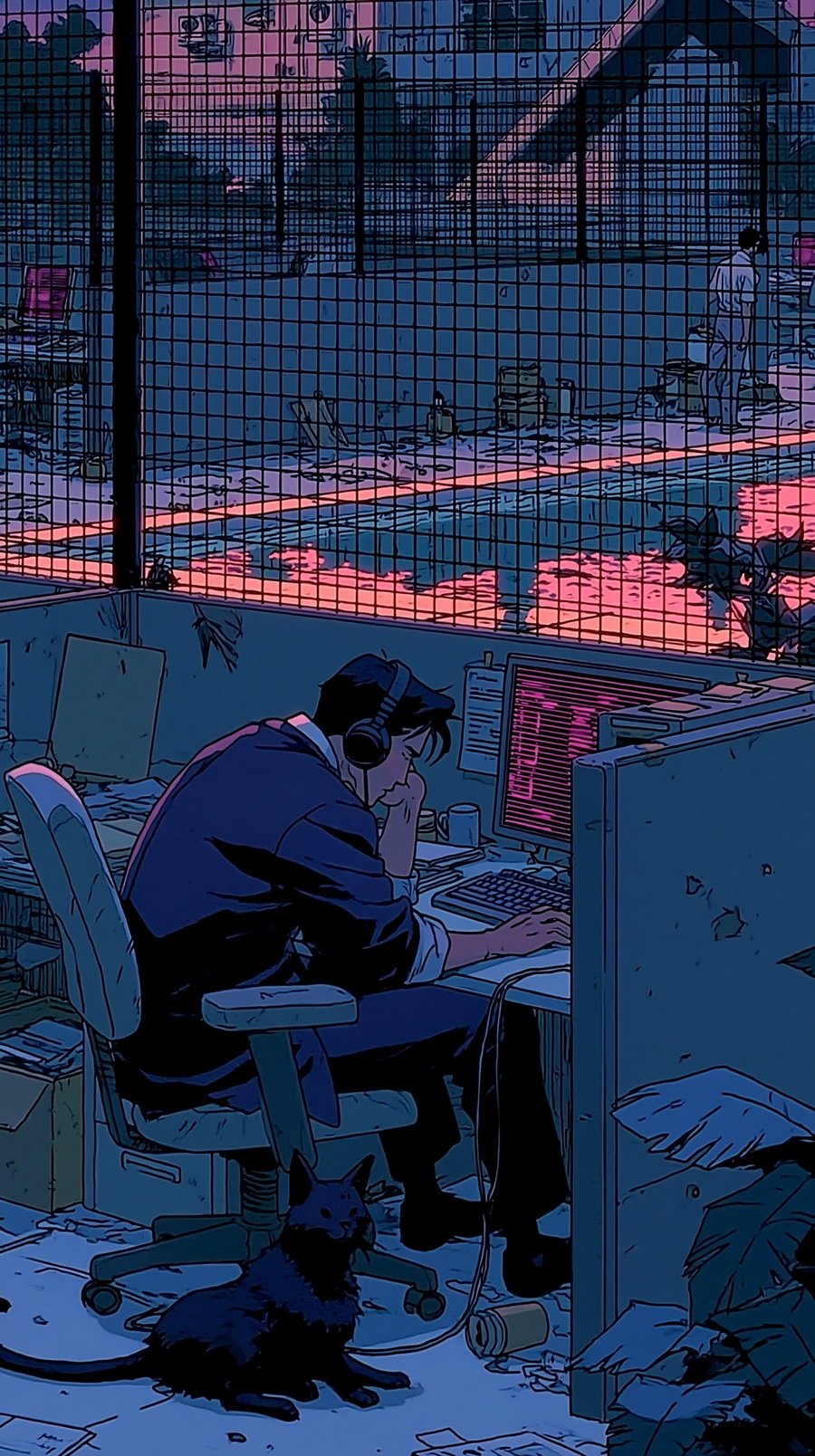 A man sitting slouched in an office cubicle, surrounded by papers and a computer, with headphones on. The scene is illuminated by blue fluorescent lights, and there's a pink and blue synthwave aesthetic visible through the window outside. A black cat is sitting near the man's feet.