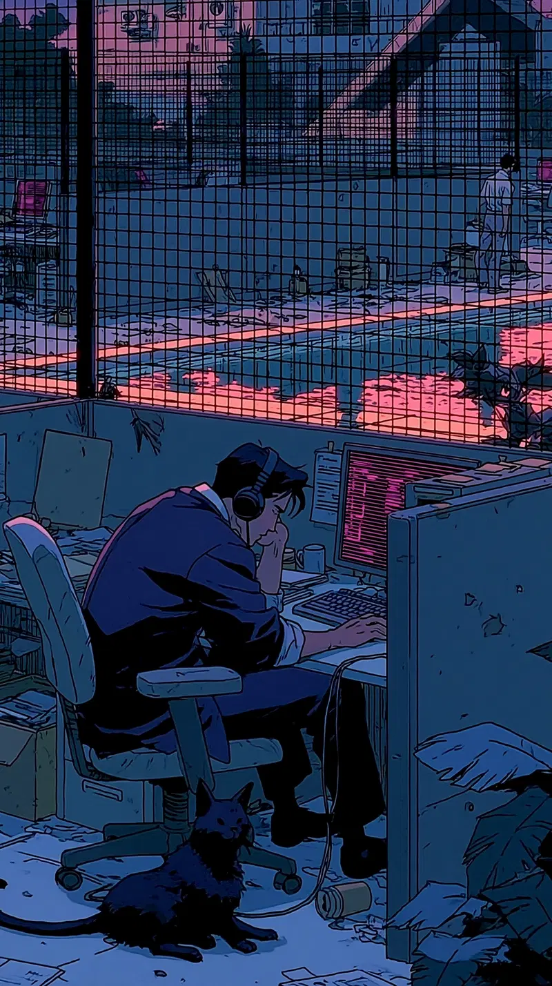 Dejected Man in Cubicle Under Fluorescent Office Lights