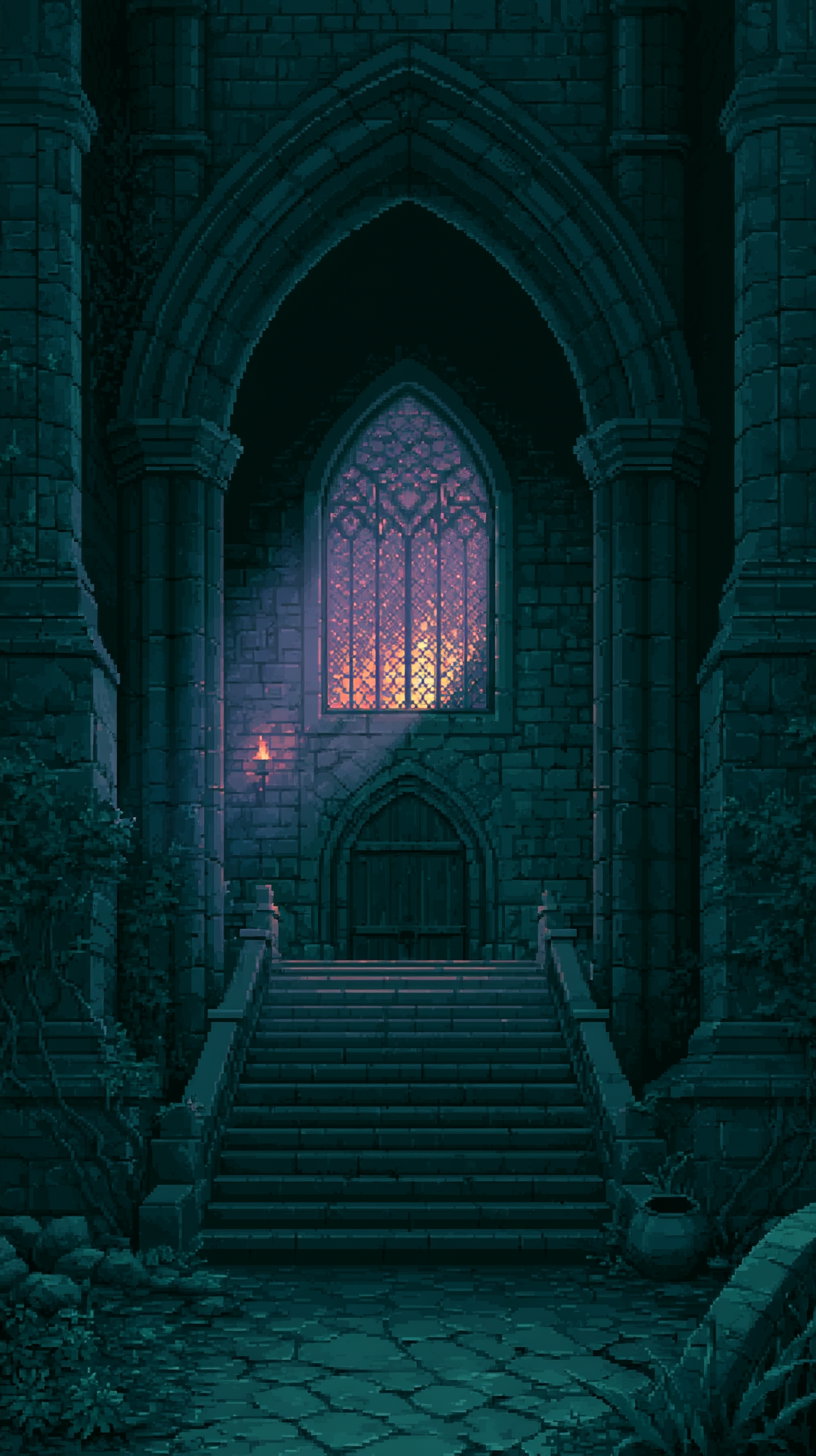 A dark stone castle interior featuring a grand staircase, tall arches, and a stained glass window illuminated by a dim light.