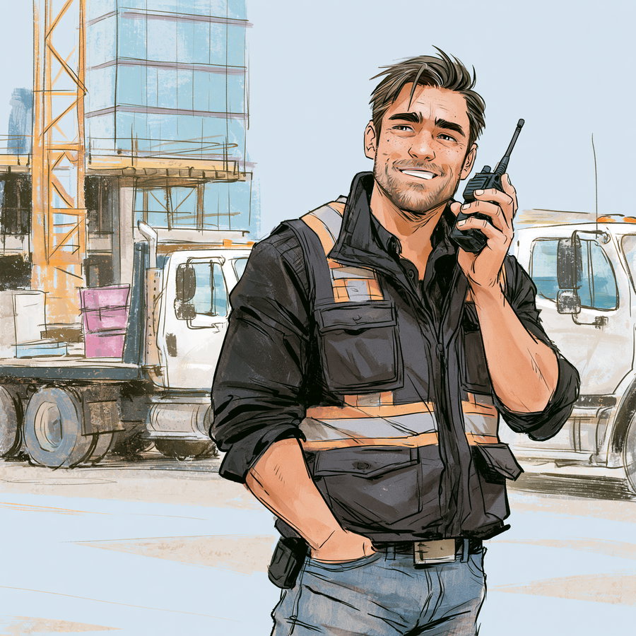 A smiling man wearing a black safety vest and jeans, holding a walkie-talkie at a construction site, with a truck background.