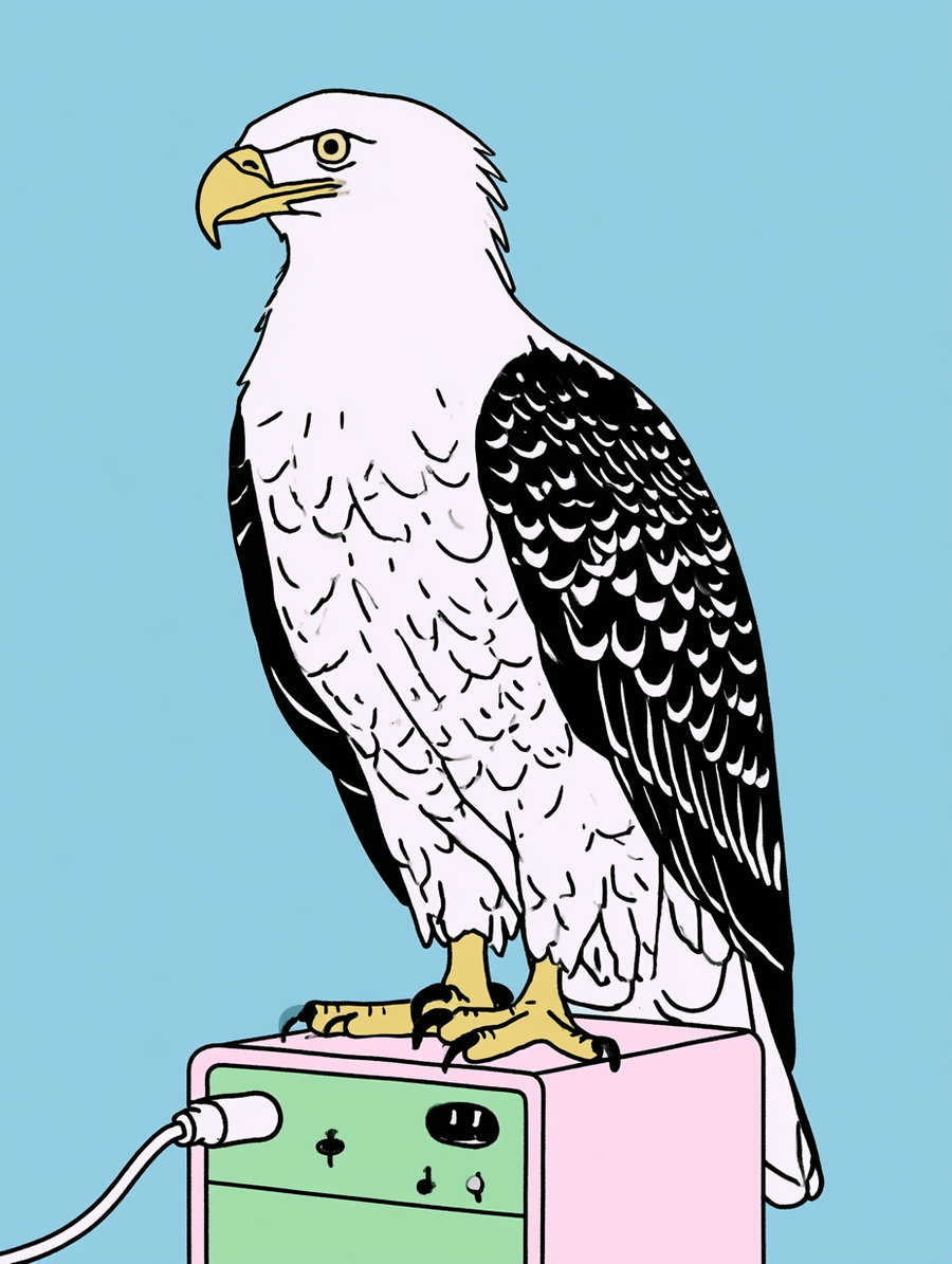 A bald eagle with a white head and dark wings standing on a pastel-colored computer.