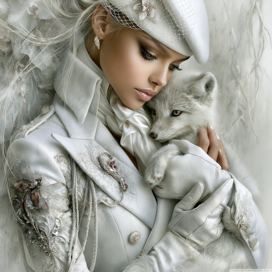 A beautiful modern woman wearing a white men's style suit and beret, holding a small white fox, set in a softly lit, ornate environment.