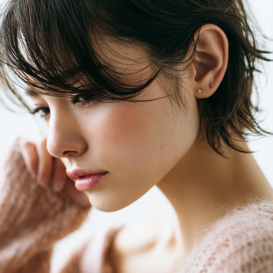 A close-up portrait of a young Japanese girl with short hair, showcasing her ear details in soft natural lighting, with a clean ivory background.