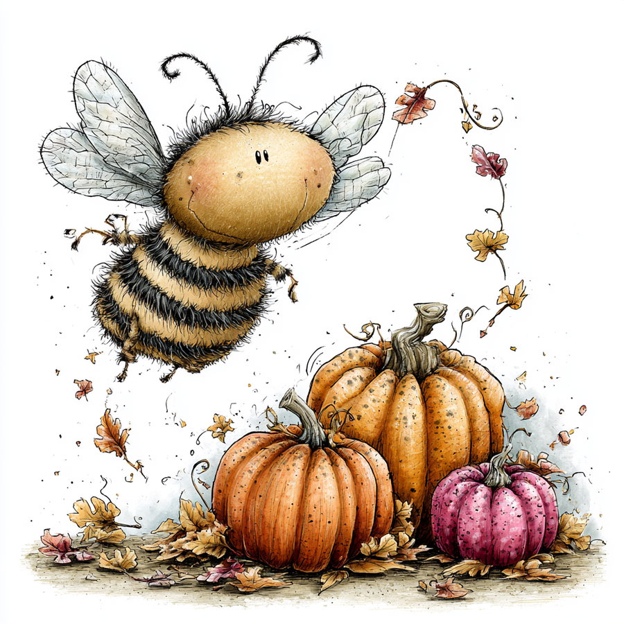 A cute bee character flying with wings spread wide, trailing small paper leaves, with pumpkins in various colors below, isolated on a white background.