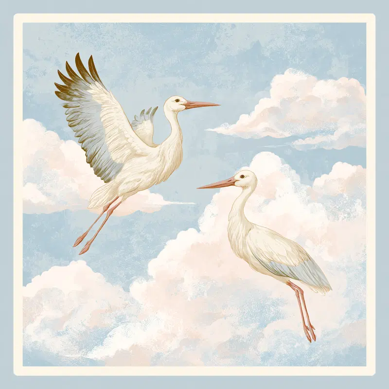 Whimsical Birth Announcement Design Featuring Storks in Clouds