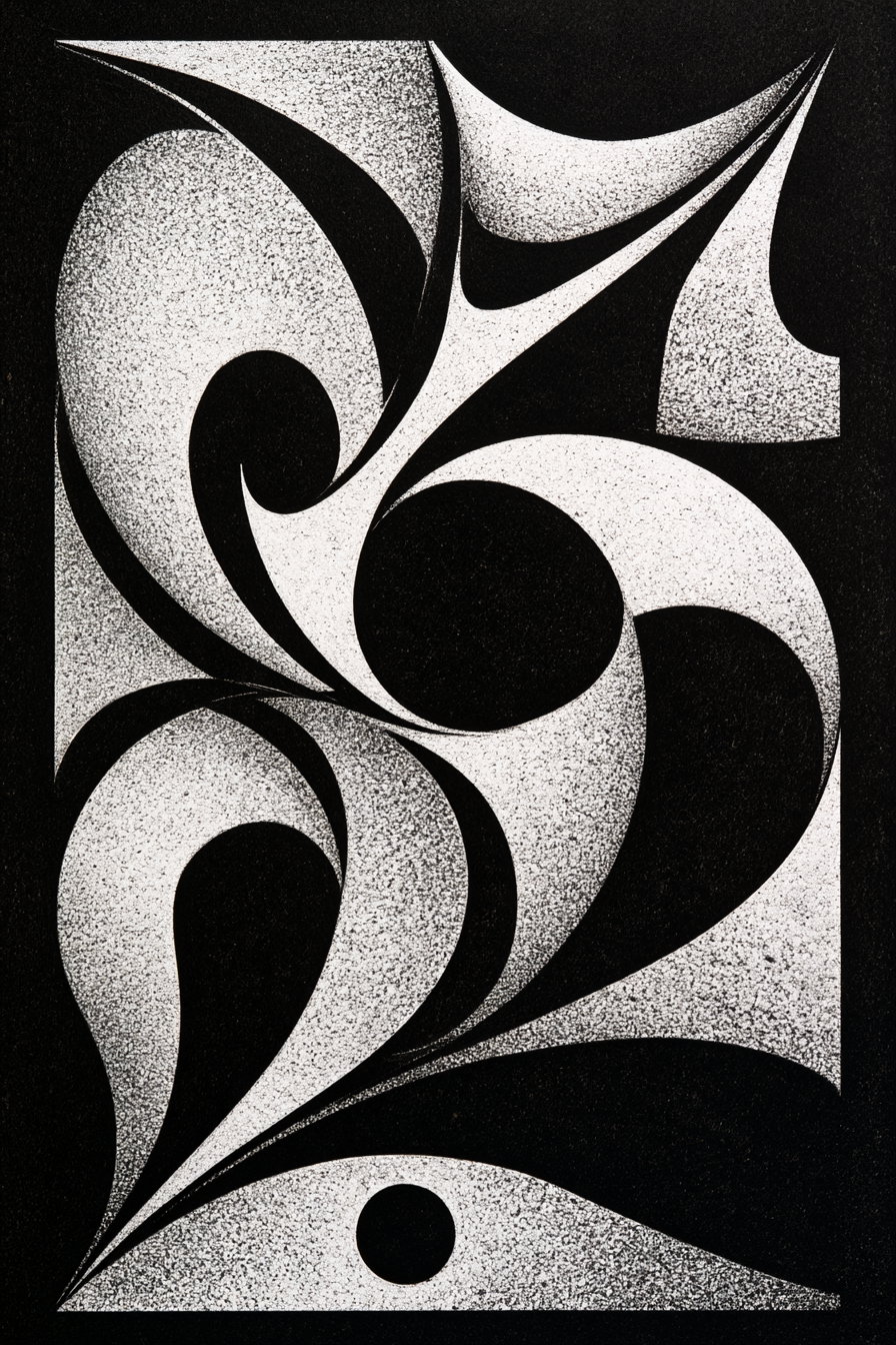 A black and white abstract artwork featuring textured white shapes interlocking against a smooth black background. The design includes curvy forms and a singular black dot at the lower part.