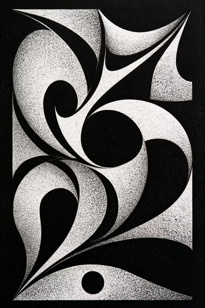 Textured Black and White Abstract Artwork with Curvilinear Forms