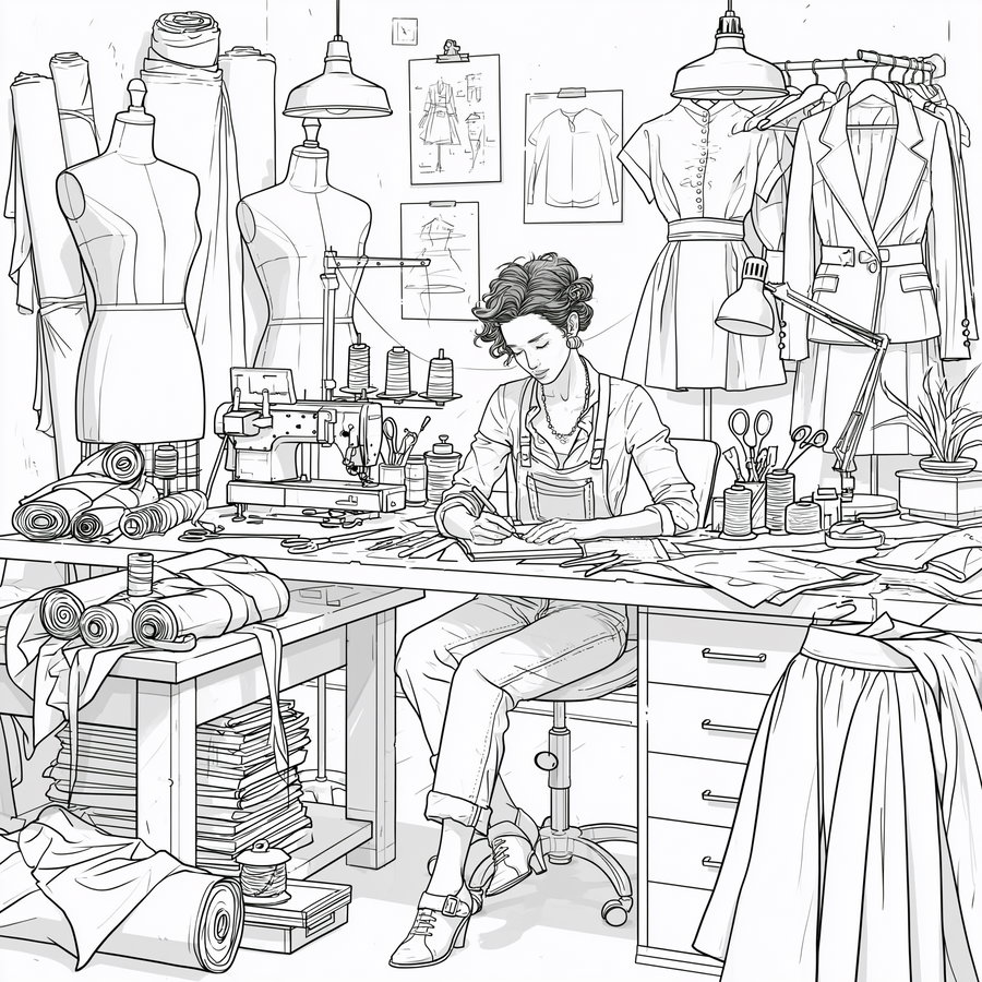A black and white line art illustration of a fashion designer at a desk surrounded by dress forms, fabric rolls, sketches, scissors, and sewing tools.