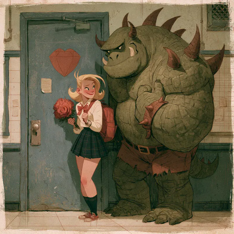 High School Girl and Her Monster Boyfriend in an Aesthetic Hallway