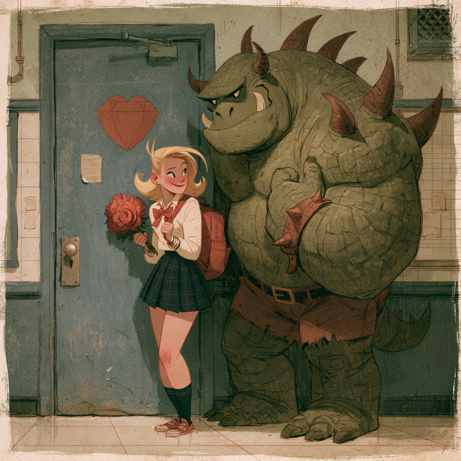 A blonde high school girl in a uniform holds a rose, smiling next to a large, spiky green monster in a school hallway.