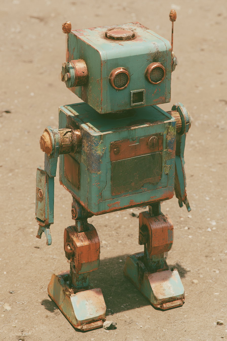 A square, vintage-style robot with a turquoise body and rusty details, standing on a dirt ground.