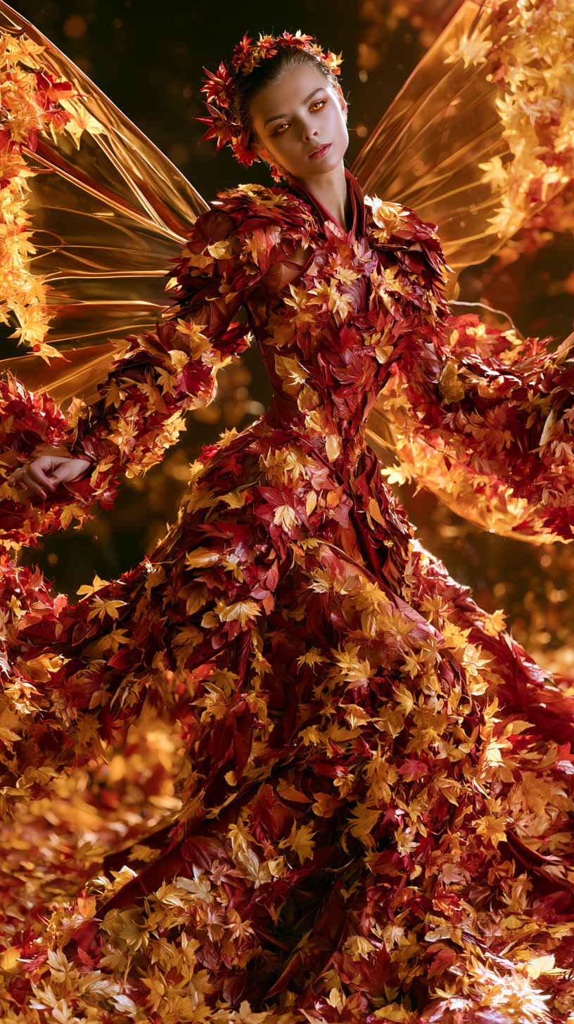 A woman dressed in a gown made from vibrant red and golden maple leaves, standing gracefully with translucent amber wings. The background features an enchanting autumn forest illuminated by golden moonlight.