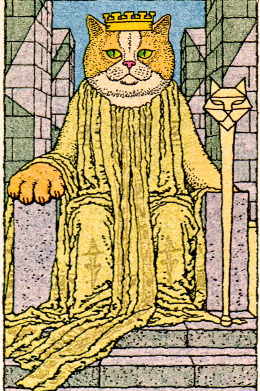 A British Shorthair cat king in a golden robe sits on a throne. It has a crown, round face with yellow green eyes, and a pink nose. The cat holds a scepter on stone steps, surrounded by tall geometric pillars and blue sky.