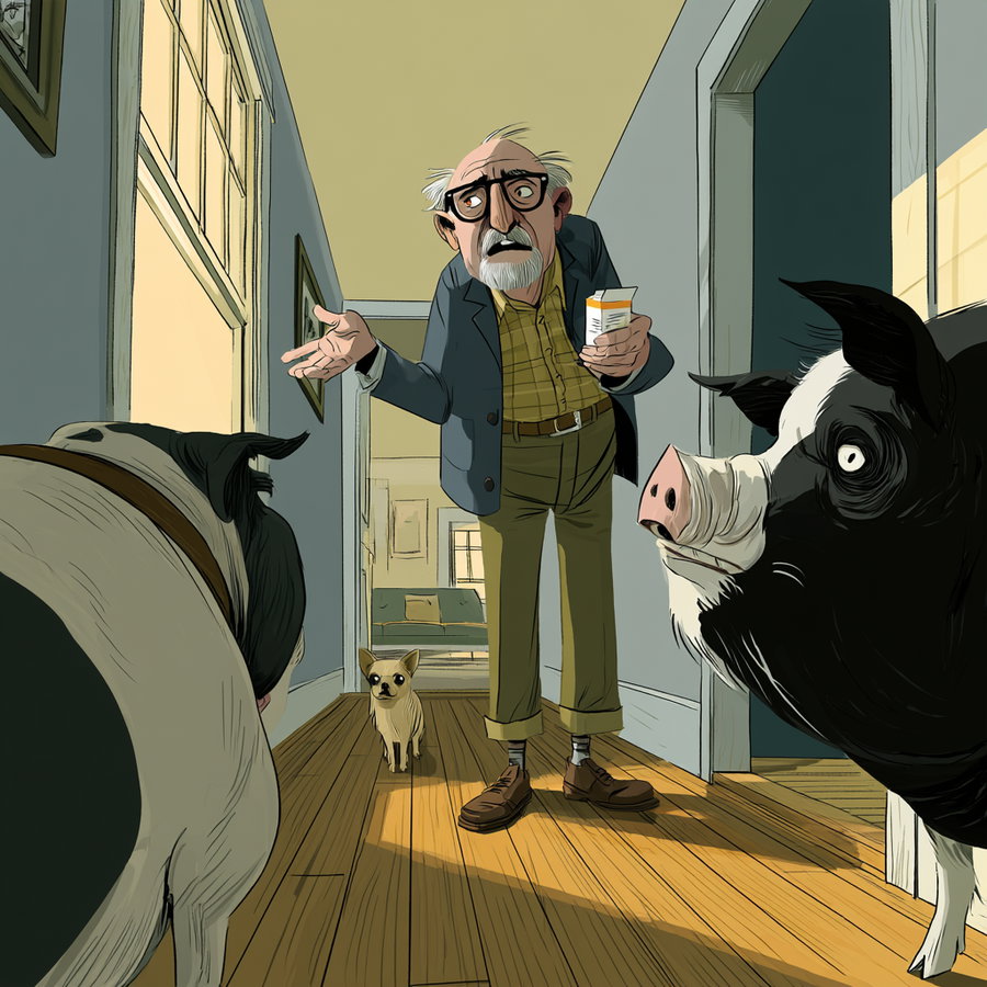 An elderly man in a farmhouse hallway, holding a pharmaceutical box and gesturing, with a black and white pig nearby and a beige chihuahua on a distant couch.