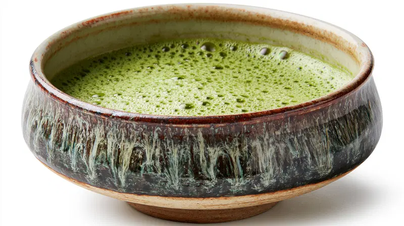 Ceramic Bowl of Japanese Matcha Green Tea on a White Background