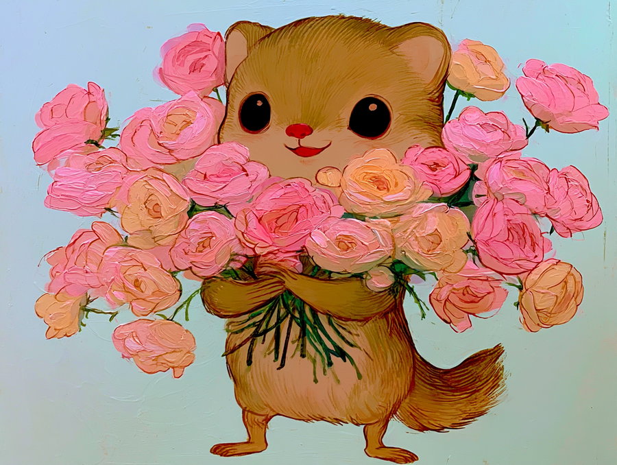 A cute, cartoon-like creature resembling a weasel or chipmunk, standing on two legs, holding a large bouquet of pink and light orange roses. The creature has large, expressive dark eyes, a small red nose, and a cheerful smile.