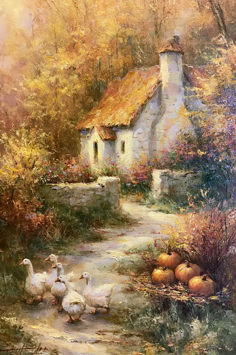 Charming Autumn Cottage Scene with Geese and Pumpkins