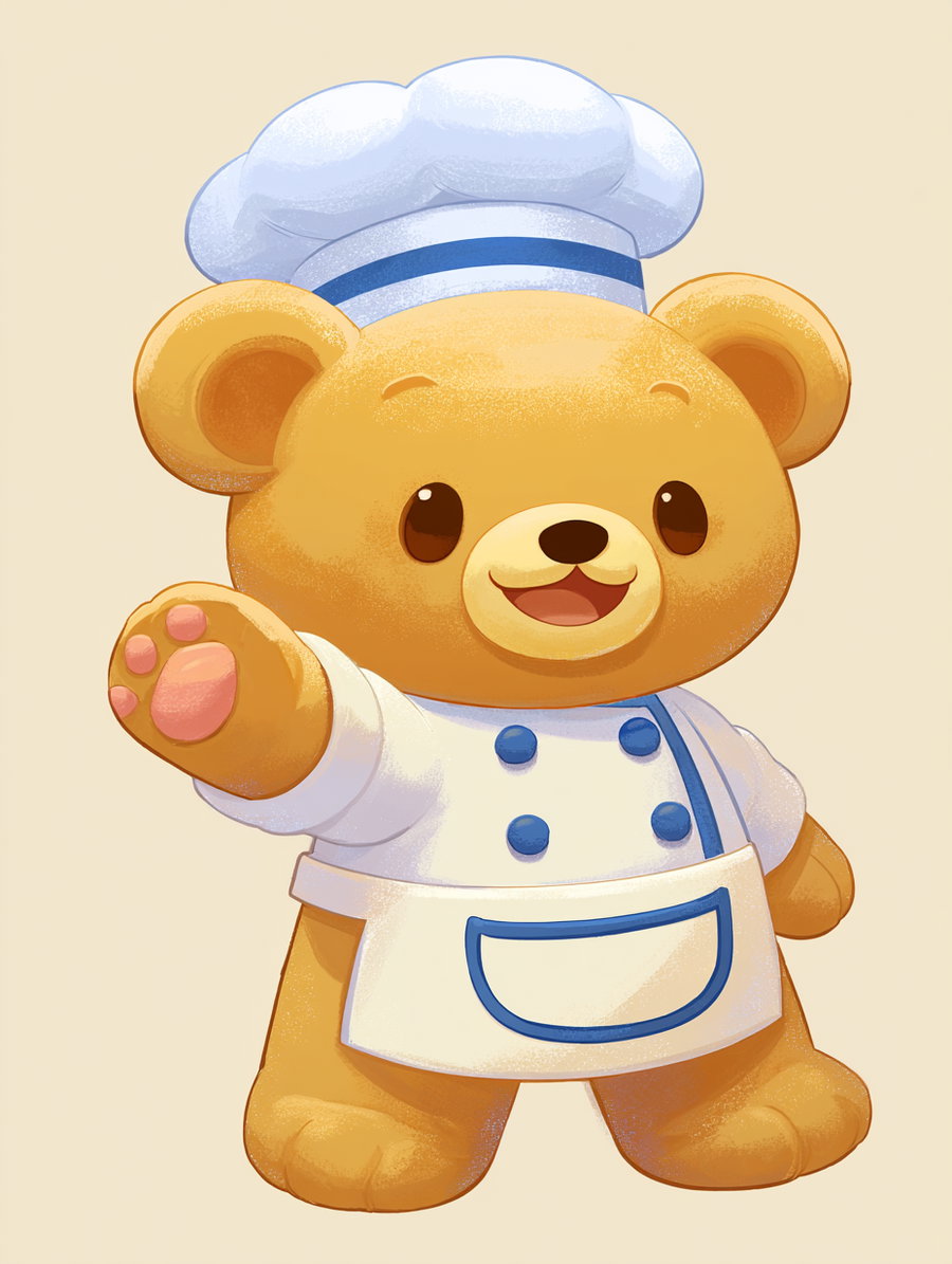 A smiling light brown teddy bear dressed as a chef, wearing a white chef's hat with a blue stripe, a white chef's jacket with blue buttons, and an apron with a blue pocket outline, with its left paw raised. The background is a solid, light beige color.