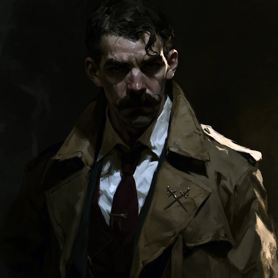 A detective in a trench coat with a prominent moustache, looking serious, with a dark background and a pin featuring two crossed swords on his lapel.