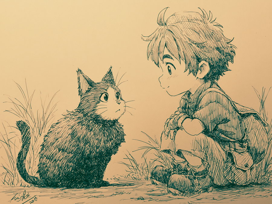 A young boy with short hair crouches down, looking at a fluffy black cat with big eyes in a grassy area.